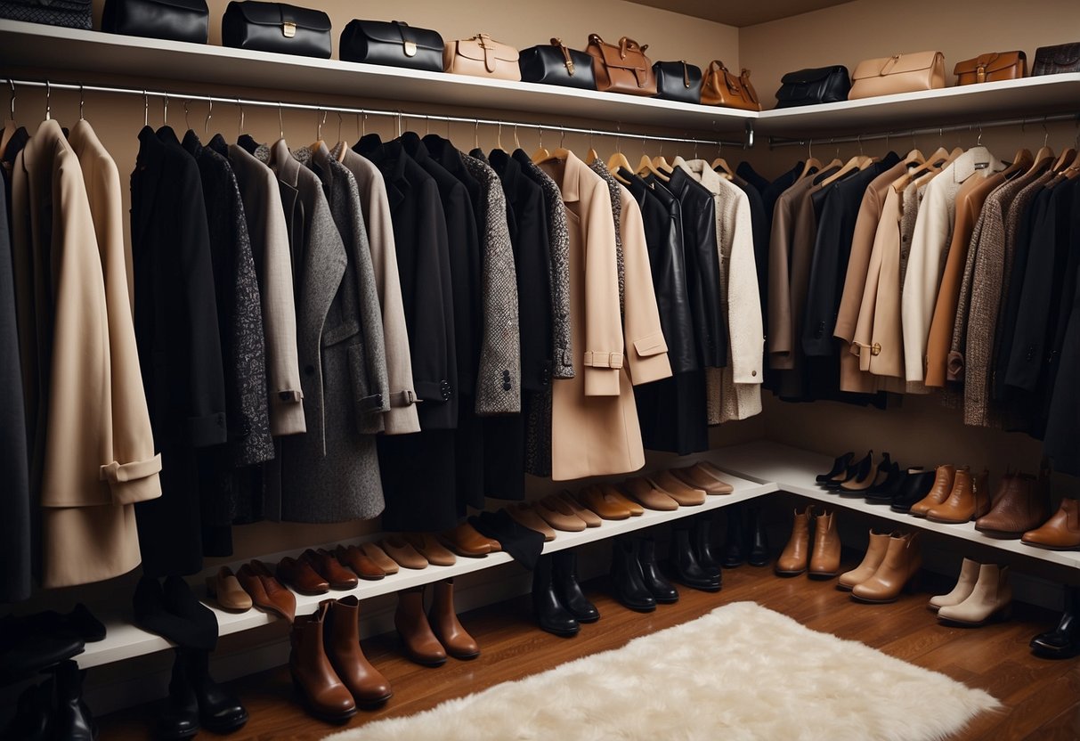 A well-organized closet with ten timeless fashion pieces displayed on hangers, including a classic trench coat, a tailored blazer, a little black dress, and a pair of versatile leather boots