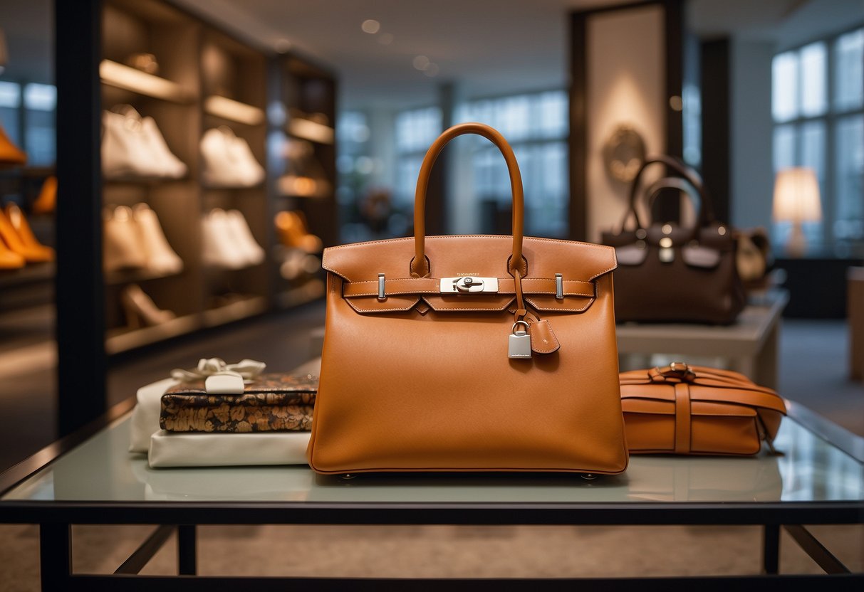 A Hermès Birkin bag sits on a luxurious display shelf, surrounded by other high-end fashion pieces. The bag exudes timeless elegance and sophistication, with its iconic shape and impeccable craftsmanship