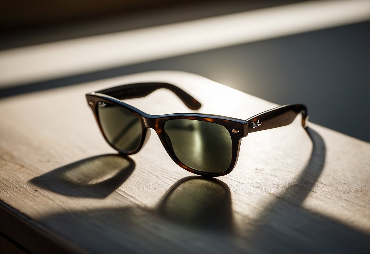 A pair of classic Ray-Ban Wayfarer sunglasses sits on a sleek, modern table. The sunlight streams through a nearby window, casting a stylish shadow across the frames