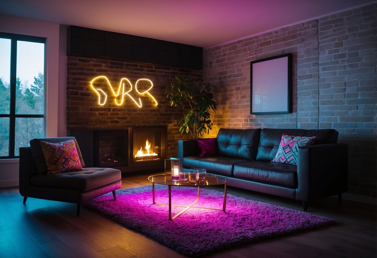 A sleek, modern living room with neon accents: a vibrant neon sign on the wall, a bold neon rug, and neon throw pillows on the sofa