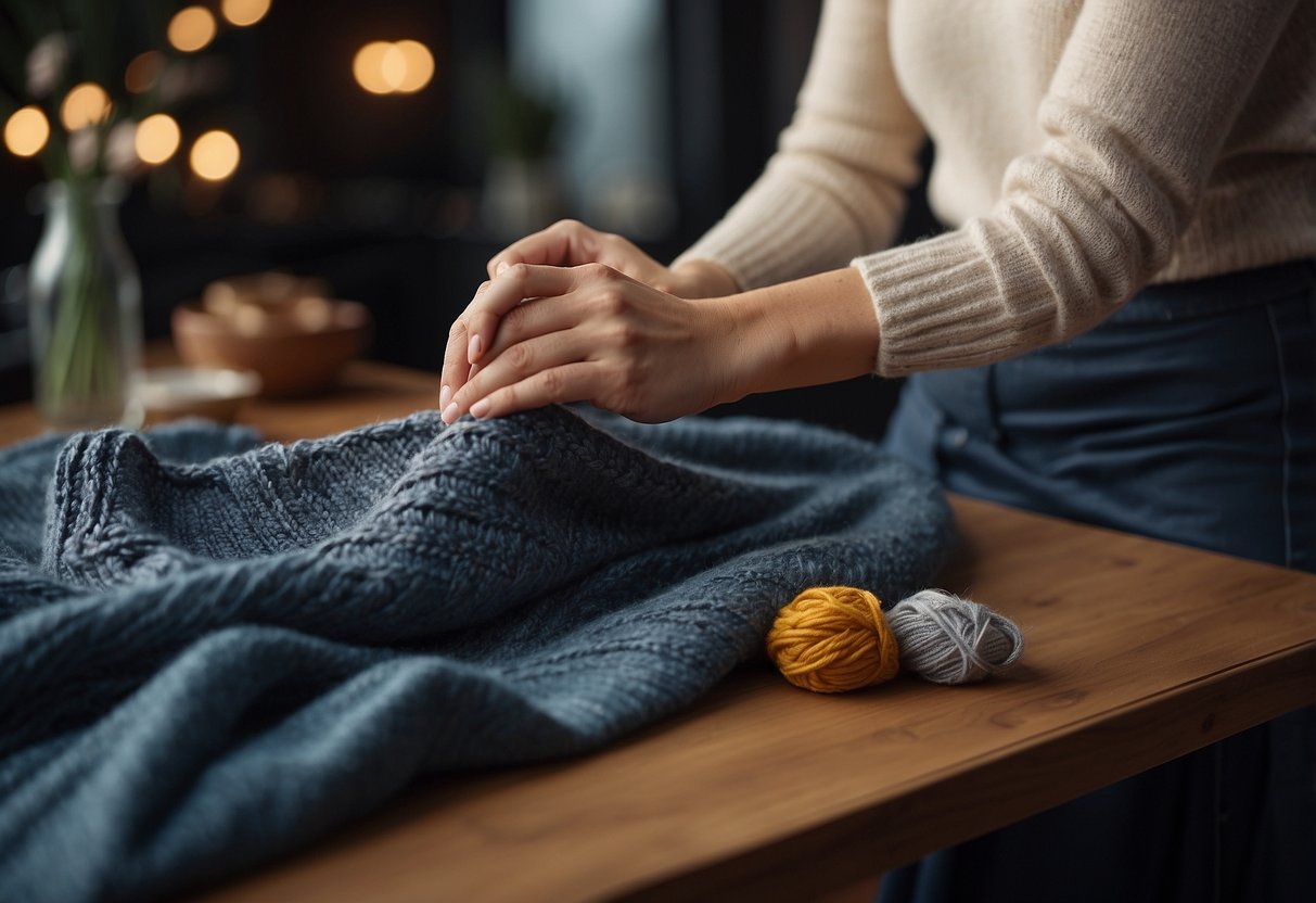 A table with various fabrics and materials: silk, denim, wool, leather. A hand reaches for a chunky knit sweater, juxtaposed with a smooth satin skirt