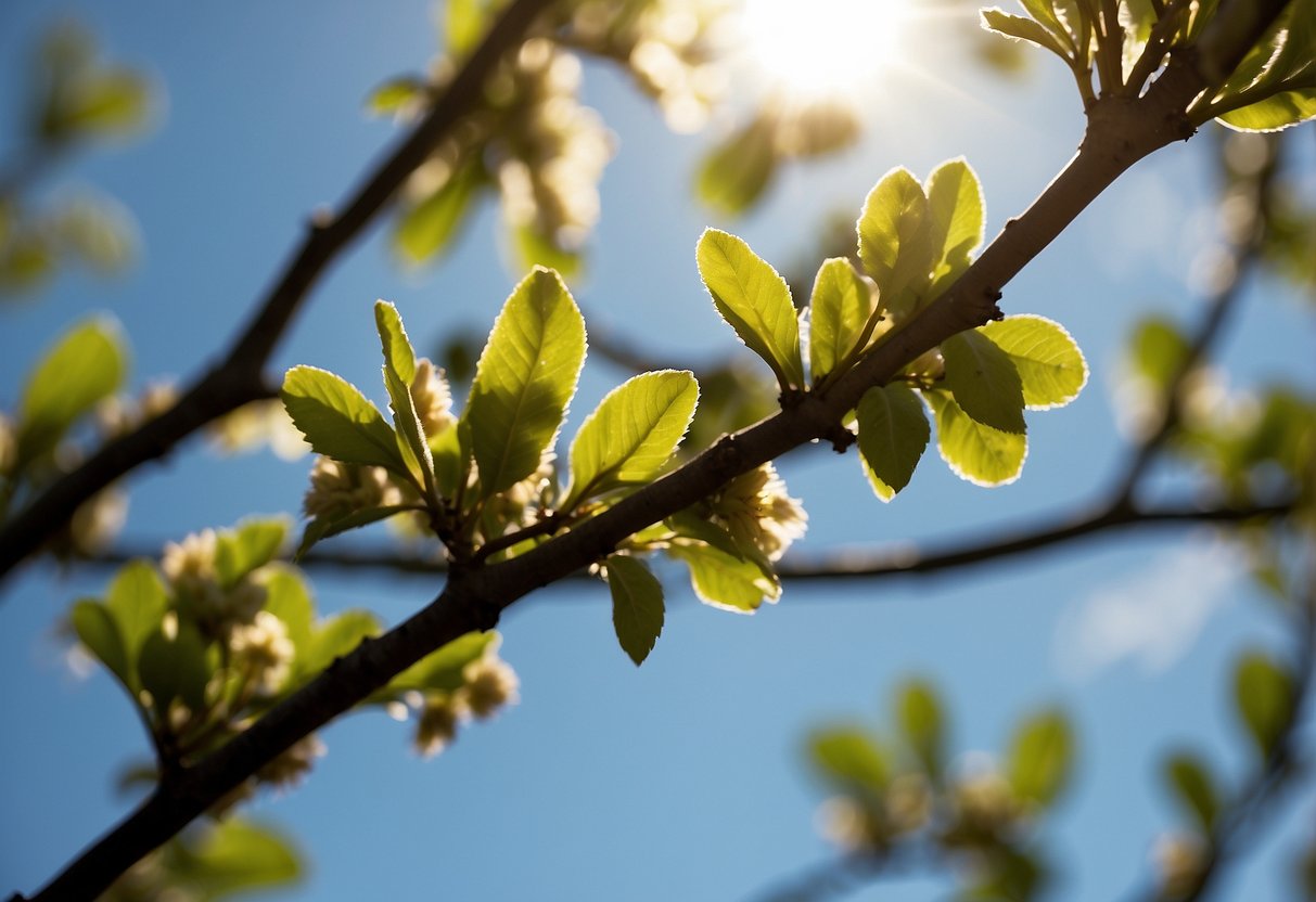 A tree shedding its leaves while new buds start to appear, with a mix of sun and clouds in the sky