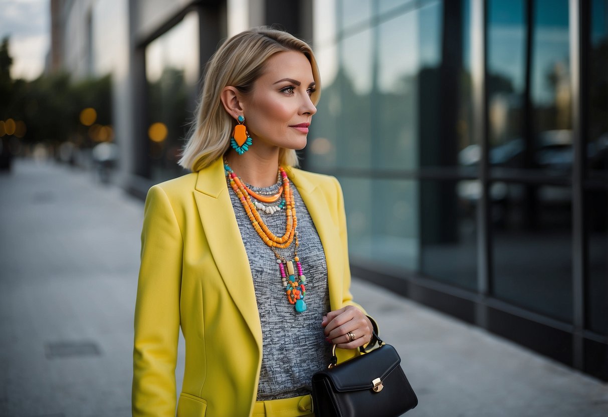 A sleek, modern outfit with pops of neon accessories - a statement necklace, bold earrings, and a vibrant handbag