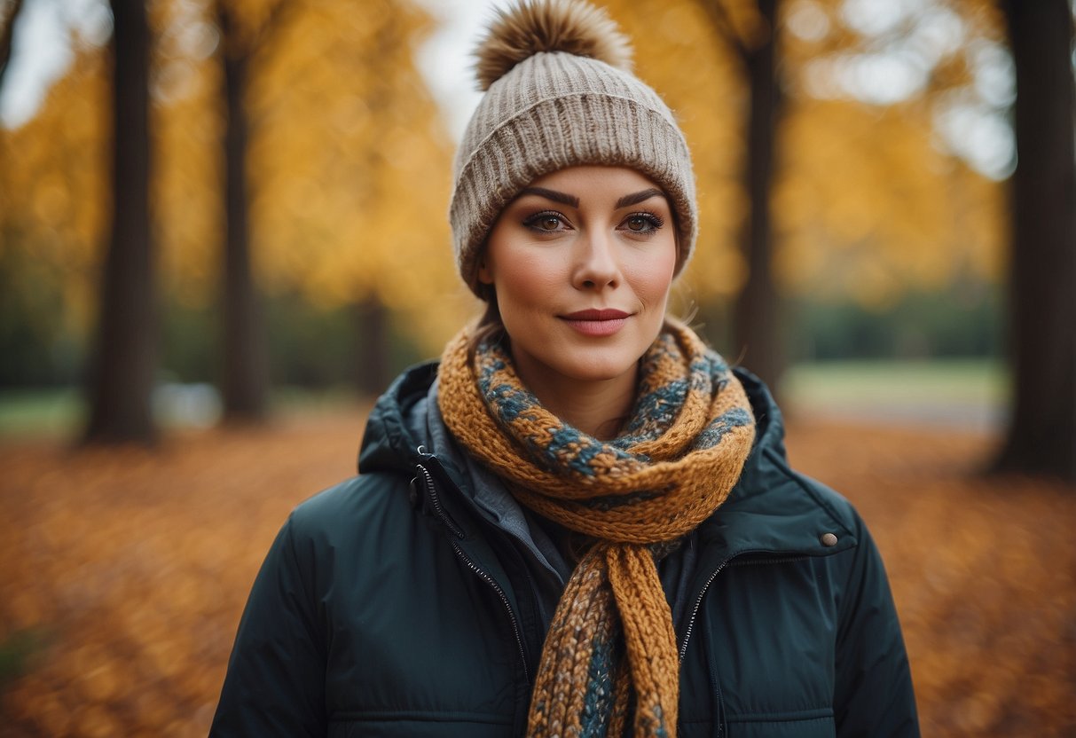 A person wearing a lightweight jacket over a long-sleeve shirt, with a scarf wrapped around their neck, and a hat on their head, standing in front of a colorful autumn backdrop