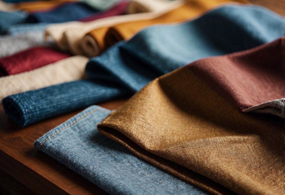 A table with a variety of fabric swatches: smooth silk, rough denim, soft cashmere, and textured tweed. Different colors and patterns add visual interest