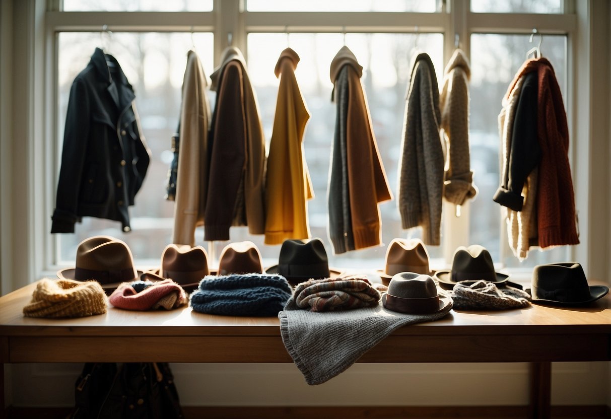 A table with a variety of scarves, hats, and gloves arranged neatly. A coat rack holds different jackets and cardigans. Sunlight filters through a window, casting shadows on the items