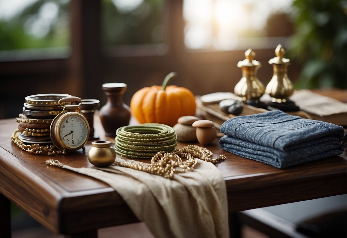 A table with assorted fabrics and textures, a scale with weights, and a mix of accessories to create depth in outfits