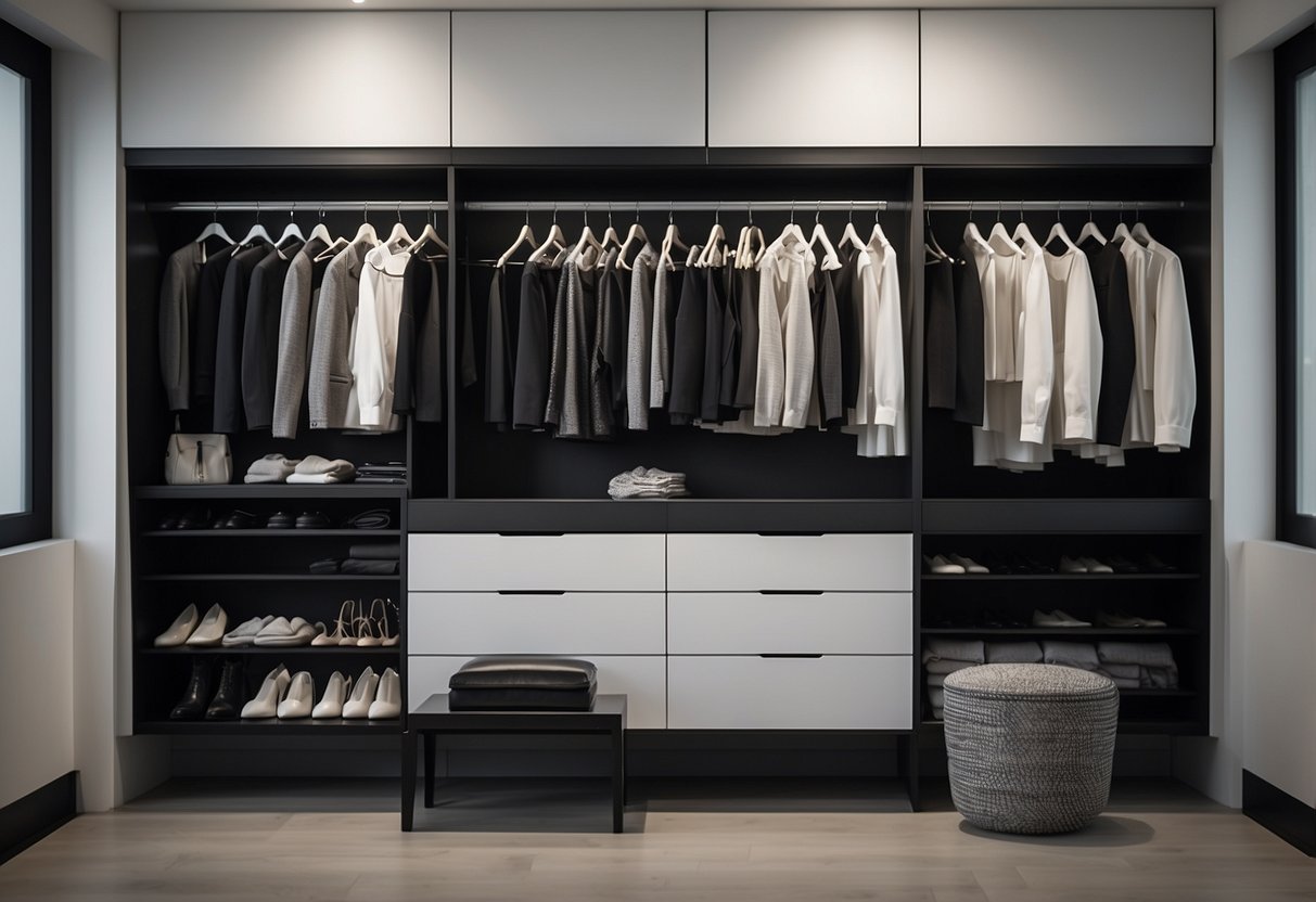 A well-organized monochrome wardrobe with carefully curated pieces in shades of black, white, and gray. Clean lines, minimalistic accessories, and a sense of elegance and sophistication