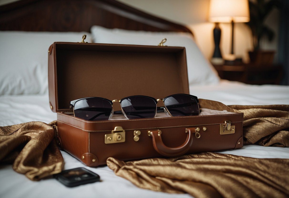 A vintage suitcase sits open on a modern bed, spilling out silk scarves, leather gloves, and a pair of classic sunglasses