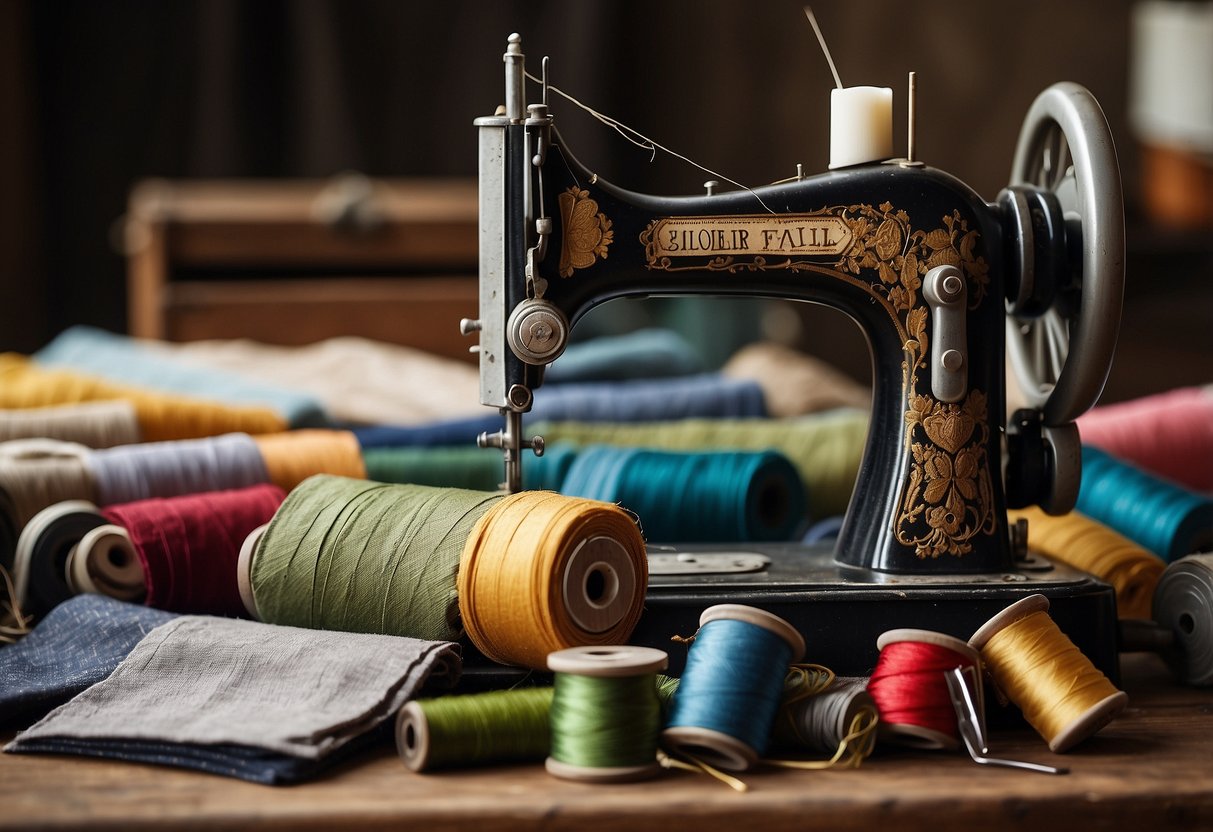 A vintage sewing machine sits on a wooden table, surrounded by spools of thread, measuring tape, and a pair of tailor's scissors. A stack of vintage fabric swatches and pattern books are scattered around the workspace