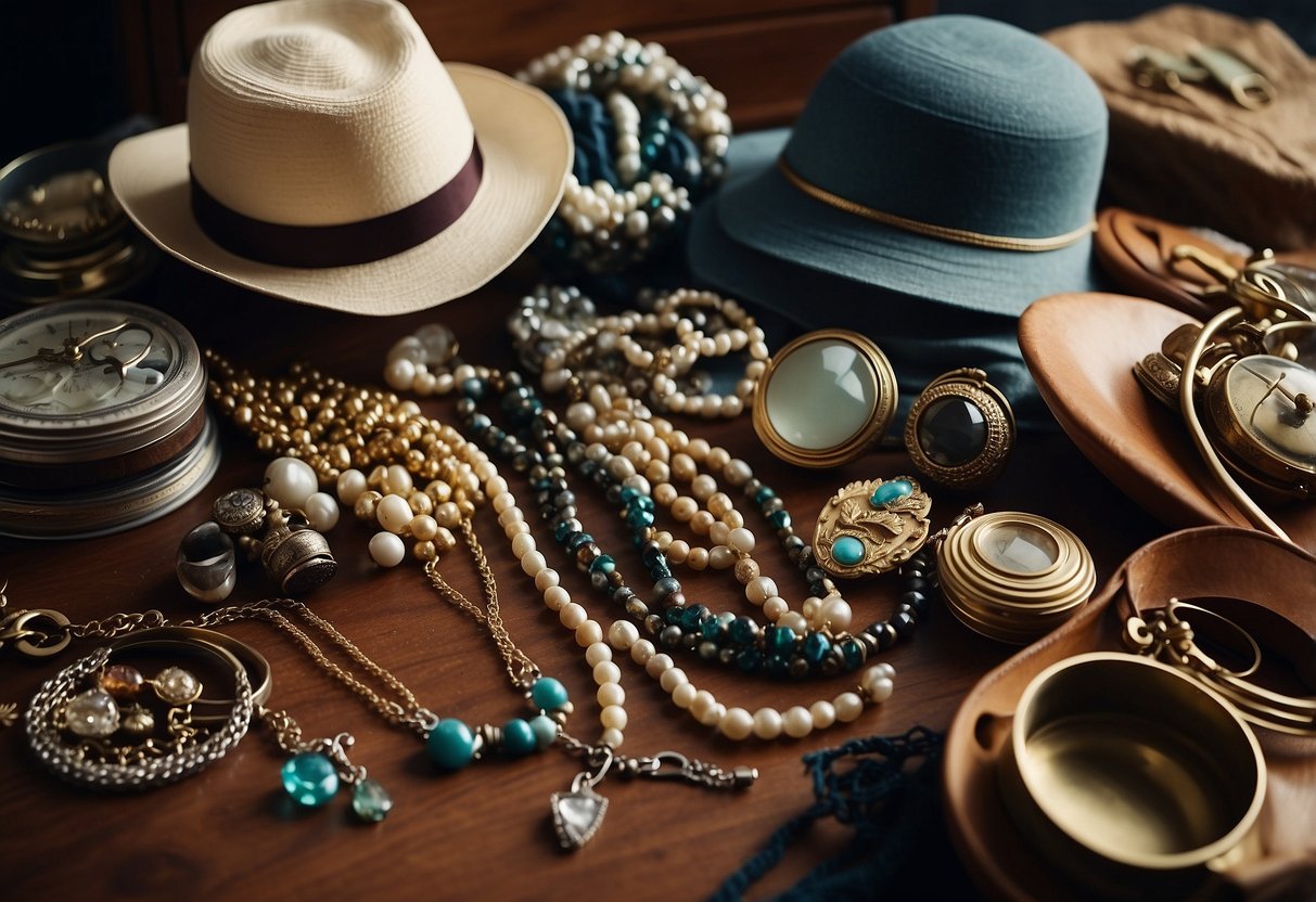 A cluttered dresser with vintage jewelry, scarves, and hats. A modern outfit laid out nearby, ready to be accessorized with the vintage finds